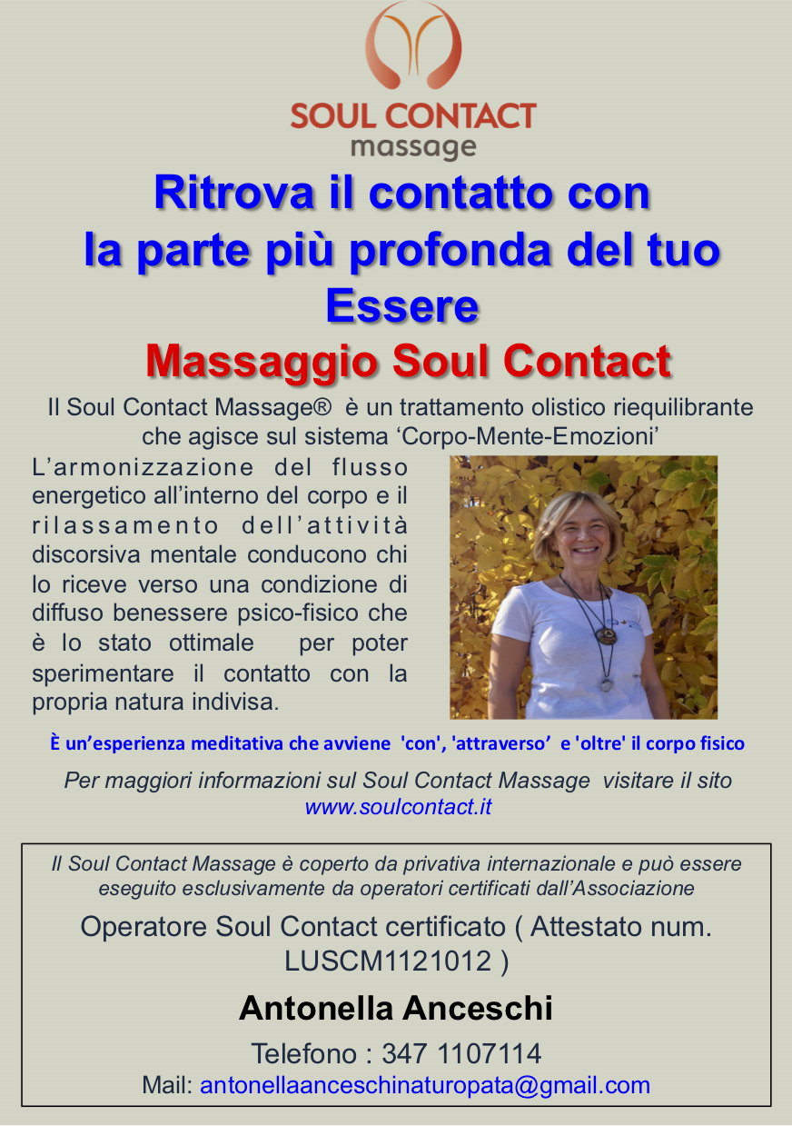 Operatrice Certificata  Soul Contact Massage® - Rilassamento e Distensione - NATUROPATA LIFE COACH ANTONELLA ANCESCHI - CARPI - MODENA - REGGIO - CONSULENZE ONLINE 