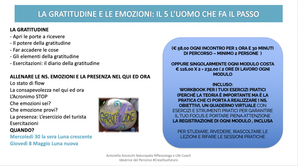 PERCORSO M.A.P MODULI RINGRAZIAMENTO, FLOW ED EMOZIONI 30 APRILE E 8 MAGGIO 2025 - NATUROPATA LIFE COACH ANTONELLA ANCESCHI - CARPI - MODENA - REGGIO - CONSULENZE ONLINE 